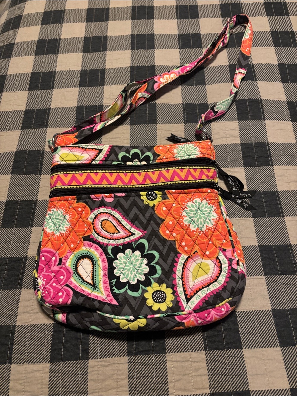 Vera Bradley Quilted Crossbody in Black with Orange, Pink & Green Paisley